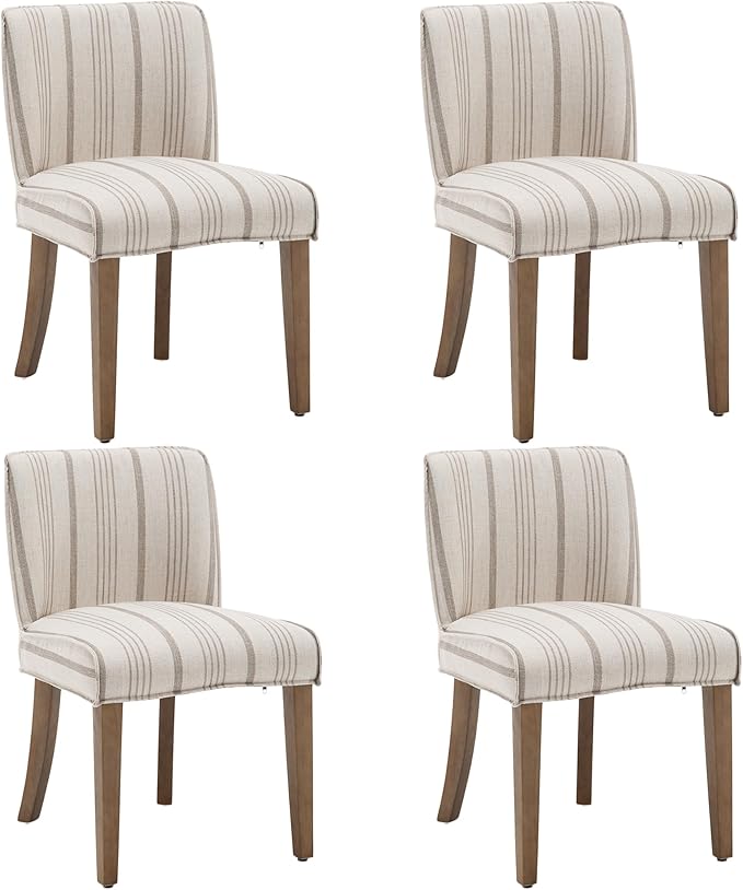 chairus Farmhouse Dining Chairs Set of 4, Upholstered Comfy Dining Room Chairs Linen Fabric Walnut Brown Wood Kitchen Chairs for Dining Table, Living Room, Kitchen, Khaki Stripe
