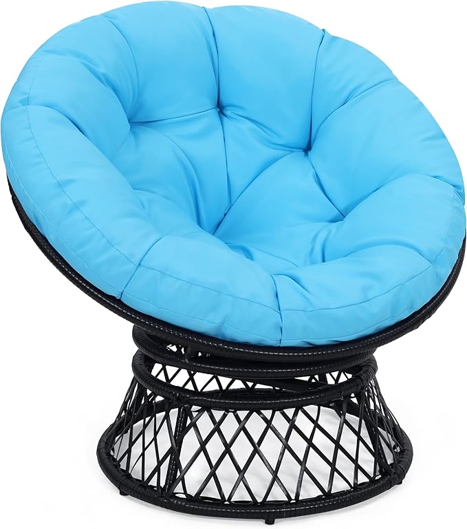 Kromax 40" Ergonomic Wicker Papasan Chair, 360° Swivel Round Egg Chair with Soft Thick Cushion, Indoor Outdoor Use for Living Room, Bedroom, Reading Room, Black Frame with Blue Cushion
