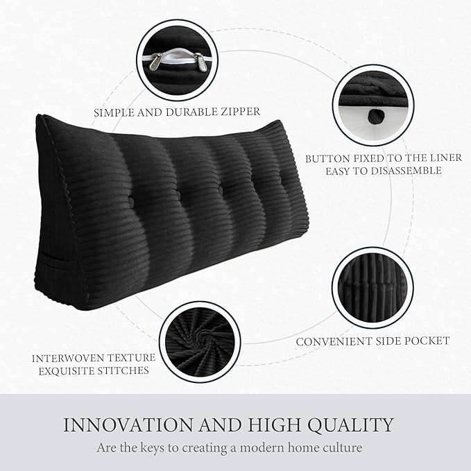 Wedge Headboard Pillow Dorm Room Reading Pillow Back Support for Sitting Up in Bed Bolster Lumbar Cushion Body Positioning Bedrest Corduroy (Black, Twin (39 * 8 * 20in))