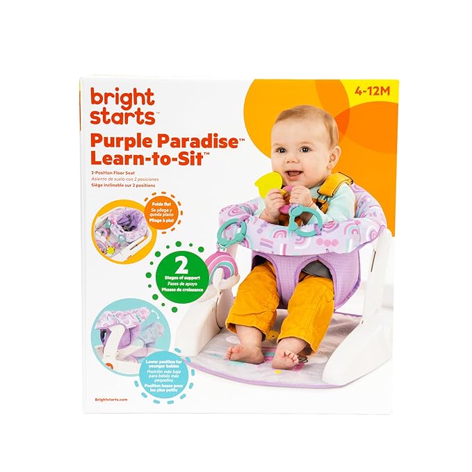 Bright Starts Learn-to-Sit 2-Position Baby Floor Seat with Toys, Unisex, 4-12 Months, Purple Paradise