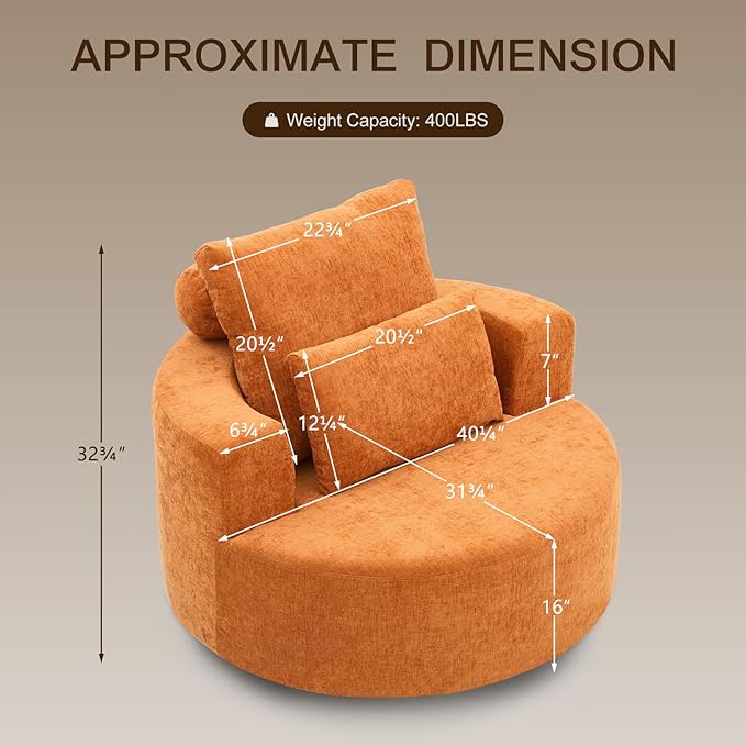 Furnimart 40" Oversized Barrel Accent Chair Set of 2, 360° Swivel Round Upholstered Sofa, Chenille High-Resilience Sponge, No Assembly, Wide Seat for Living Room, Bedroom, Apartment (Orange)