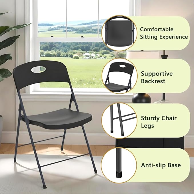 Plastic Folding Chair 4 Pack, Outdoor Sturdy Metal Folding Chairs for Outside Indoor, Portable 350 lbs Capacity Heavy Duty Foldable Commercial Seating for Picnic, Party, Patio, Black
