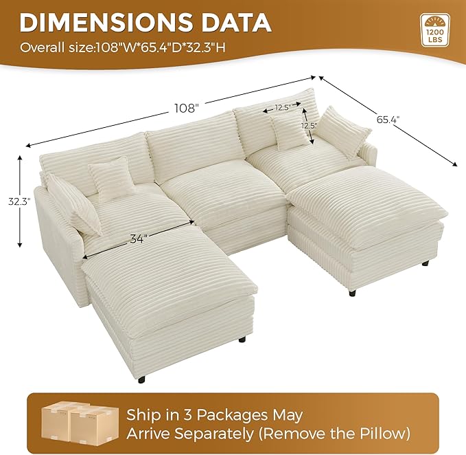 HYJT-H&K 108" U Shaped Cloud Couch Modular White Sectional Couches for Living Room, Comfy Fluffy Corduroy Oversized Cloud Sectional Couch Large 5 Seat Sectionals Sofa Set, White