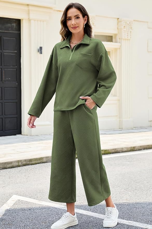 AGSEEM Lounge Sets for Women, Women's 2 Piece Outfits Long Sleeve 1/4 Zip Pullover Cropped Pants 2PC Outfit Comfy Sweatsuits