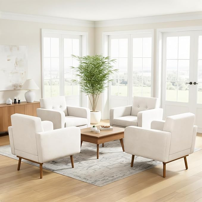 HUIMO Fabric Accent Chairs Set of 4, Button Tufted Living Room Chairs Easy to Install, Mid Century Modern Chair, Upholstered Arm Chair for Living Room Bedroom Study Office (4, White)