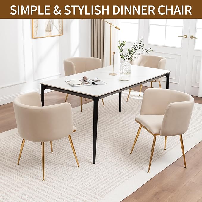 Canxkun Velvet Dining Chairs Set of 6, Barrel Dining Chairs with Gold Metal Legs, Modern Upholstered Dining Room Chair for Dining Room, Kitchen, Vanity (Beige)