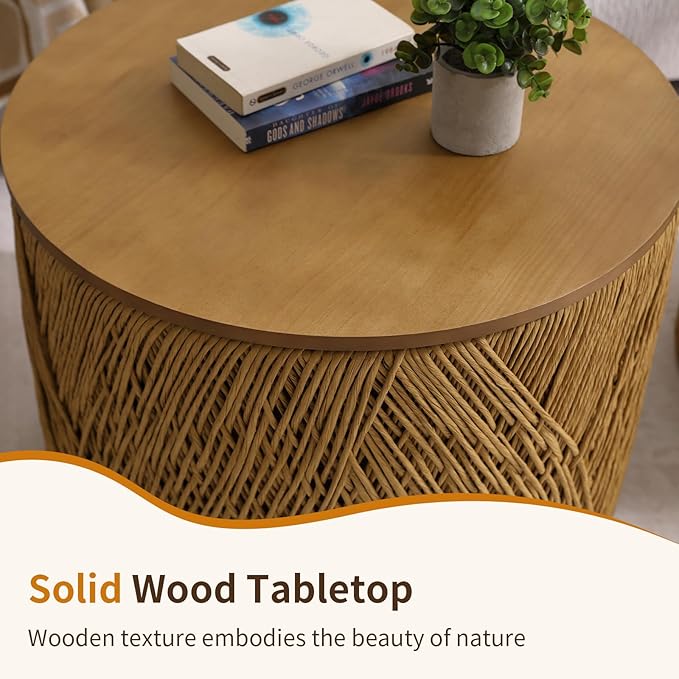 LZAREAL Farmhouse Round Coffee Table with Storage Boho Living Room Table with Lifting Top Hand-Woven Rattan Nesting Coffee Tables for Living Room, Walnut