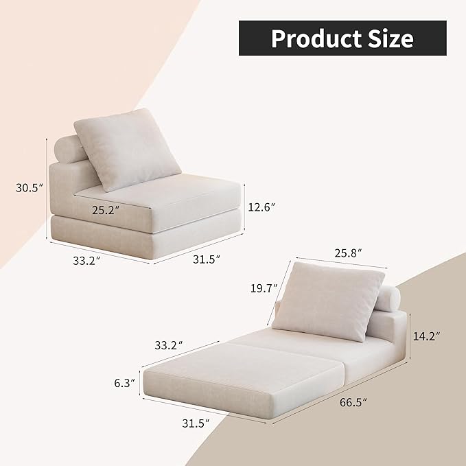 Folding Sofa Bed – Convertible Sleeper Chair Bed with Pillows/Single Floor Couch/Small Futon Couch Filled with High-Density Foam for Lounge, Guest Room or Office (White)