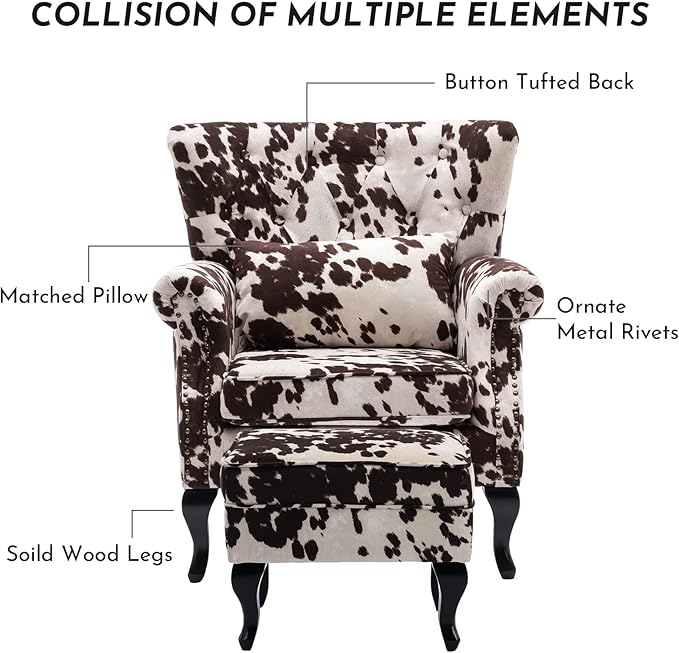 LZAREAL Accent Reading Arm Chairs with Ottoman for Living Room Bedroom, Midcentury Modern Comfy Corner Sofa Chair, Wingback Waiting Room Club Chair with Button Tufted Back &Lumbar Pillow, Fabric Cow