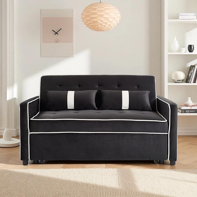 3 in 1 Convertible Loveseat Sleeper Sofa, Modern Futon Couch with Adjustable Backrest, Pull Out Sofa Bed Upholstered for Living Room Bedroom Apartment Small Space (Black)
