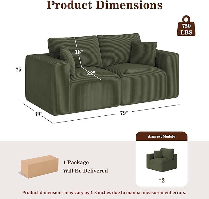 79" Modular Sectional Sofa, Cloud Couch Loveseat Memory Foam Boneless Couch with Chaise, Cozy Upholstered Corduroy Floor Couch, No Assembly Required Living Room Furniture for House Home, Green
