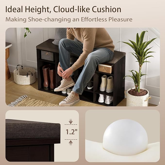 DINZI LVJ Shoe Storage Bench with Cushion, 14-Cubby Shoe Rack, Adjustable Shelves, Multifunctional Shoe Organizer Bench for Entryway, Mudroom, Hallway, Living Room, Bedroom and Garage, Espresso