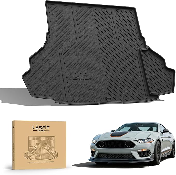 LASFIT Cargo Mat for Ford Mustang 2015-2023 (with or Without Subwoofer) Trunk Liner, Custom Fit All Weather Protector TPE One-Piece Design Easy Installation Trunk Mat, 1pc Black