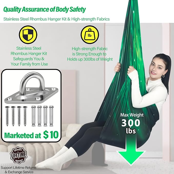 Sensory Swing for Kids Holds up to 300lbs Indoor & Outdoor Therapy Cuddle Swing with Hammock Hooks Hanger Kit for Calming, Effect for Autism, ADHD or SPD. (Space Green)