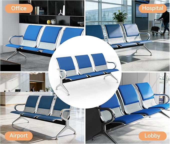Kinfant Blue 12-Seat Waiting Room Chairs with Arms – Heavy-Duty Steel Frame PU Leather Back & Cushioned Seat, Ergonomic Office Reception Guest Chair for Lobby, Clinic, Airport