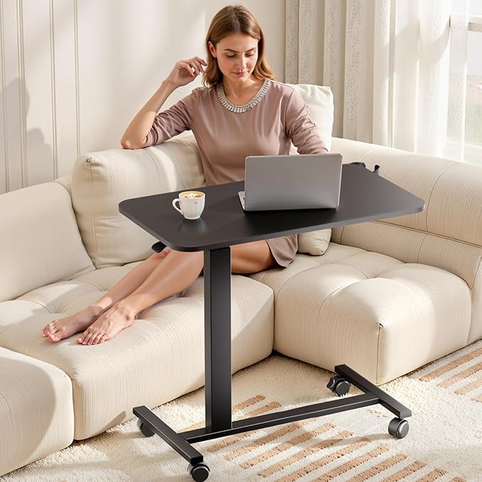 COMHOMA Adjustable Overbed Bedside Table with Lockable Wheels, Pneumatic Mobile Standing Laptop Desk, Small Standing Desk Portable Rolling Overbed Table Hospital Home Use(32" W x 18" D, Black)