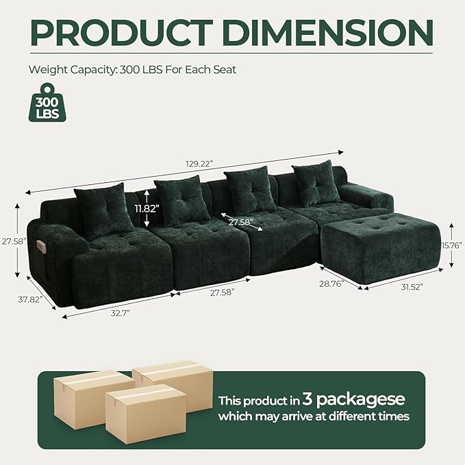 YAAREE 129.23”Modular Sectional Couch for Living Room, Modren L-Shape Cloud Sectional 4-Seater Sofa with 2 Movable Ottomans, Woven Texture Upholstery Boneless Couch, No Assembly, Green