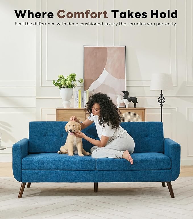 Tbfit 77.2" W Linen Sofa Couch, Mid Century Modern Decor Loveseat Couches for Living Room, Button Tufted Upholstered Small Couch for Bedroom, Solid, and Easy to Install Love Seats Furniture, Blue | linen fabric, button tufted, solid wood foot, pocket s...
