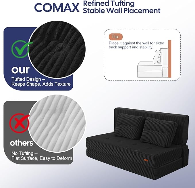 COMAX Folding Sofa Bed, Foldable Couch for Bedroom, Convertible Floor Sleeper Futon Chair Foam, Corduroy 3 in 1 Fold Out Chair Portable Comfy Lounge Couch Sofa Bed for Small Space, Full, Black