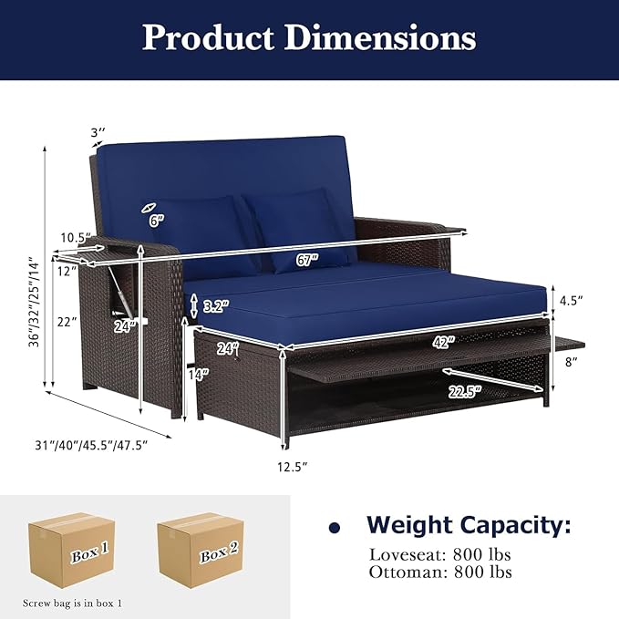RELAX4LIFE Wicker Patio Outdoor Daybed - Rattan Day Bed Lounger with Loveseat & Storage Ottoman, Sunbed Sofa Set w/Cushions, 4-Level Adjustable Backrest & 2 Retractable Trays, Patio Daybed (Navy)