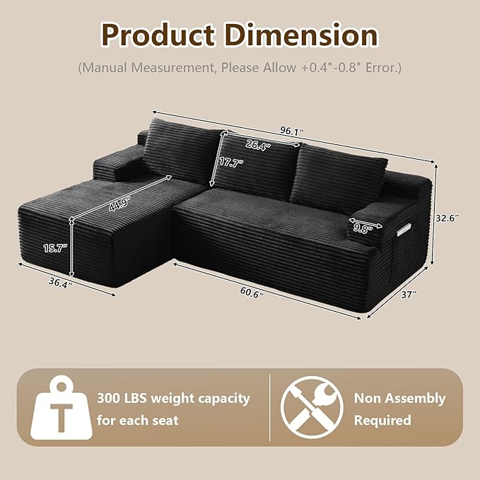 96.1" Modular Sectional Sofa Couches L-Shape Couch 3 Seat Modular Sofa Corduroy Memory Foam Sectional Boneless Couches for Living Room, Cloud Couch with Oversized Chaise(Black, Left Facing)