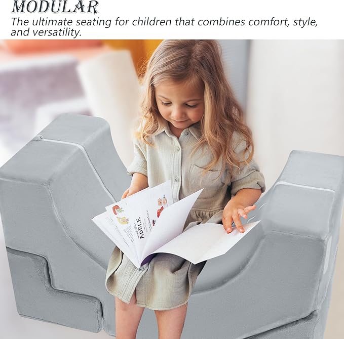 MeMoreCool Modular Kids Sofa – Convertible Foam Couch with Slide & Stair, Playroom & Bedroom Sectional Child Furniture | Soft Washable Cover | Ages 3+ | Grey