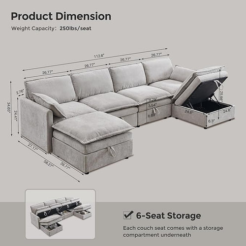 112.6" Sectional Couches for Living Room, Cloud Couch Sectional with Large Storage, U-Shape Modular Sectional Sofa with Ottoman, 6 Seater Chenille Sofa with Pillow for Apartment, Bedroom, Light Gery