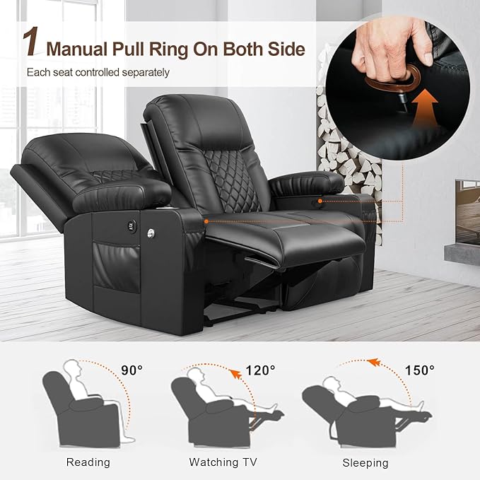 FURNIMAT Loveseat Recliner Sofa, 2 Seater Reclining Loveseat Sofa, Modern PU Leather RV Loveseat Couch for Living Room/RV, with USB Ports, Cup Holders, Insert Pockets, Cell Phone Holders, Black