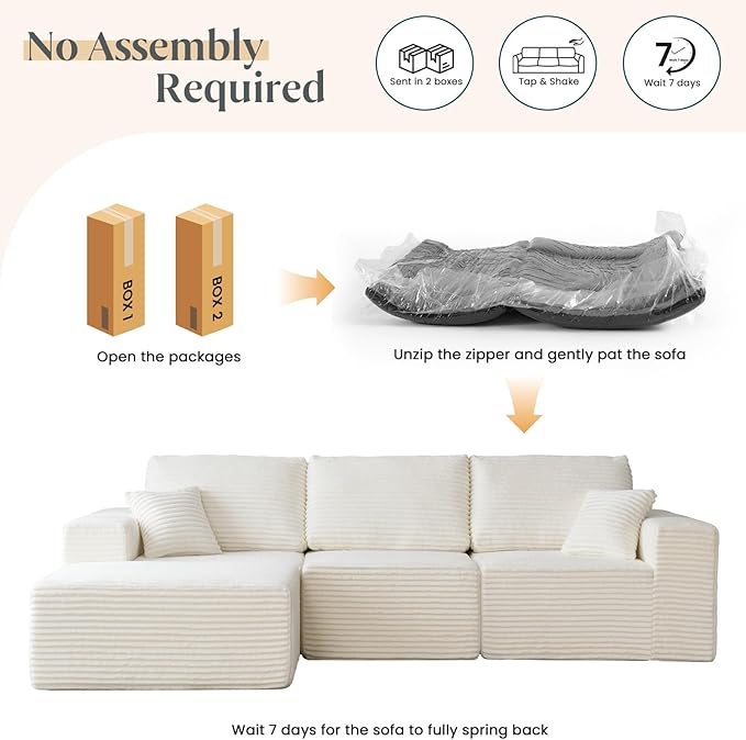 MODNEST 108" Modular Sectional Sofa Cloud Couch with Deep Seats, L Shape Couch with Movable Ottoman and Chaise, Sectional Couches for Living Room, Boneless Couches No Assembly Required, Beige