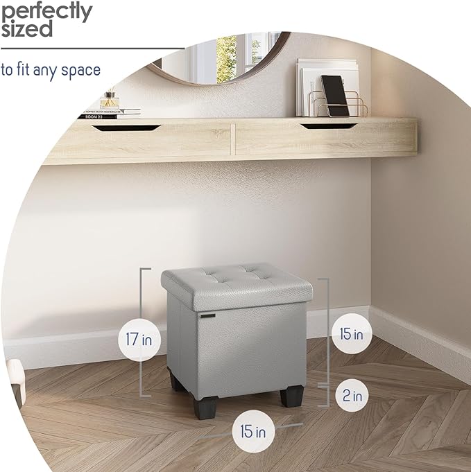 STORAGEBUD Storage Ottoman Cube with Small Bin, 16-in Square Ottoman with Storage for Living Room and Bedroom, Small Ottomans Foot Rest, Faux Leather Foot Stools Ottomans Max 330lbs, Light Grey