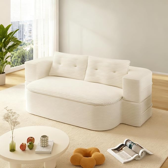79" Foldable Floor Couch, 2-Seat Convertible Sleeper Sofa with Blanket and 2 Soft Pillows, Corduroy Fabric, for Living Room, Bedroom, Apartment, No Assembly Required, Beige