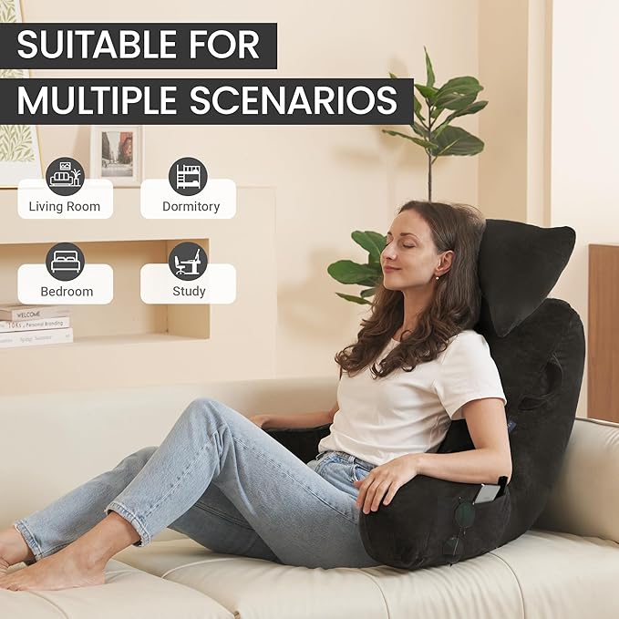 Unisakey Portable Reading Pillows with Headrest for Bed Sitting Up(Grey Oeko-Tex), Velvet Back Pillow with Arms & Pockets for Adults, Support Memory Foam Bed Pillow for Dorm/Reading/Watching/Gaming