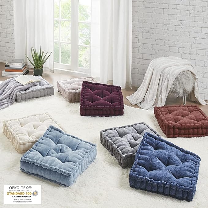 Intelligent Design Azza Floor Pillow, Large Cushions Sitting for Adults, Floor Pillow for Meditation or Yoga, Lustrous Chenille Tufted with Scalloped Edges for Bench/Chair Cushion, 20"x20"x5" Charcoal