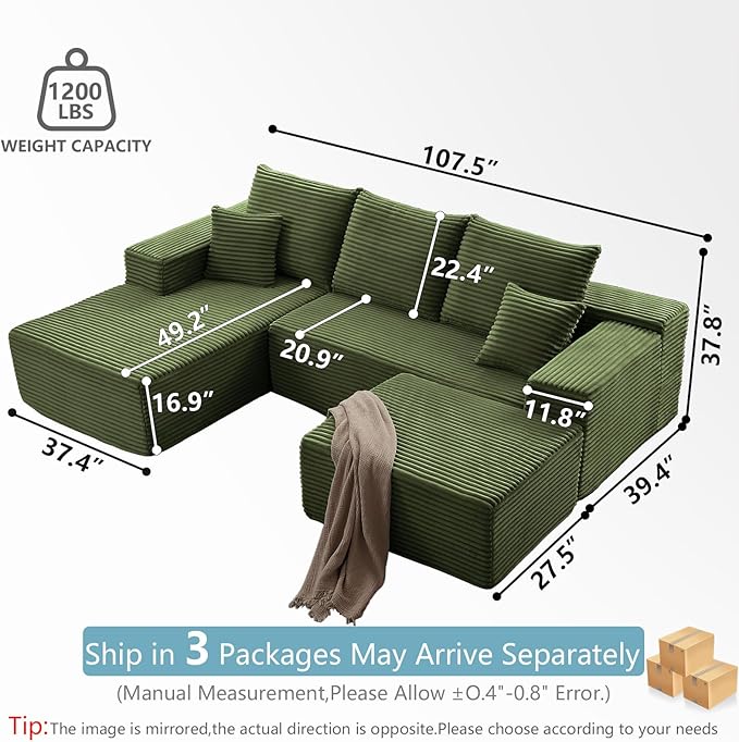 107" W Cloud Sectional Couch with Ottoman,Modern U-Shaped Cloud Couch with Deep Seat,Comfy Corduroy 3-Seater Sofa,Memory Foam Sofa for Living Room,No Assembly (Green,Right-Facing Chaise)