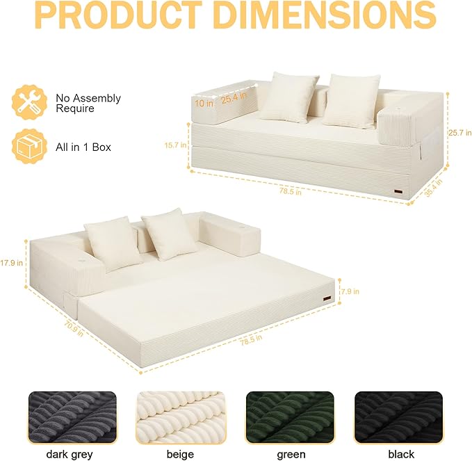 COMAX Futon Sofa Bed Queen, 79" Convertible Sofa Bed Couches for Living Room, 4 in 1 Folding Boneless Sleeper Corduroy Couch Loveseat Foam In a Box, Foldable Comfy Lounge Fold Out Floor Mattress Beige