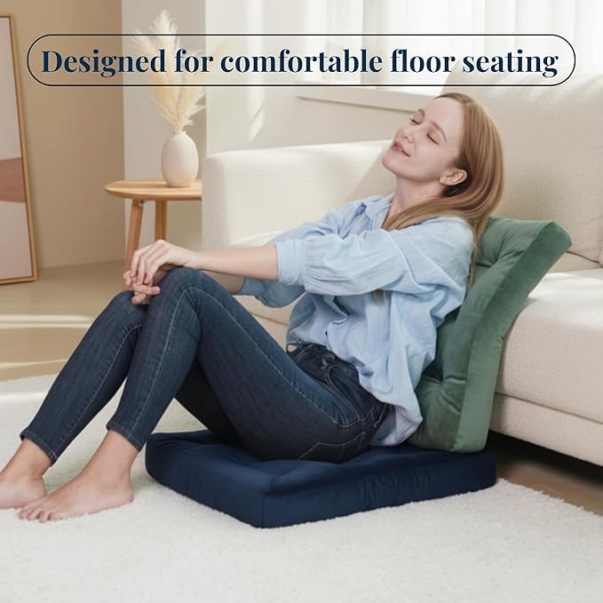 Velvet Floor Pillow Set of 2, Square Large Pillows Seating for Adults, Navy Tufted Cushions for Meditation, Yoga Tatami Living Room Chair, Machine-Washable & Dryer-Safe, Navy, 22x22 Inch