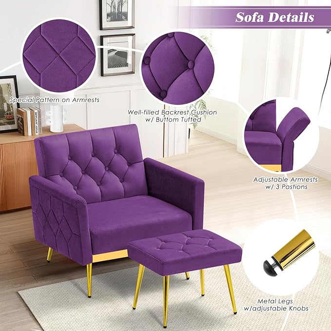 ACMEASE Velvet Accent Chair w/Adjustable Armrests and Backrests, Tufted Single Sofa with Ottoman, Upholstered Reading Chiar for Living Room, Apartment, Bedroom, Purple