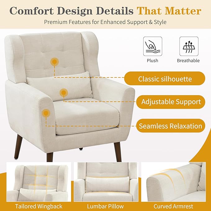 QKFF Modern Accent Chair, Upholstered Armchair with Pillow, Fabric Single Sofa Chair with Lounge Seat and Wood Legs Accent Chair for Living Room Bedroom Small Spaces (Beige, Set of 1)