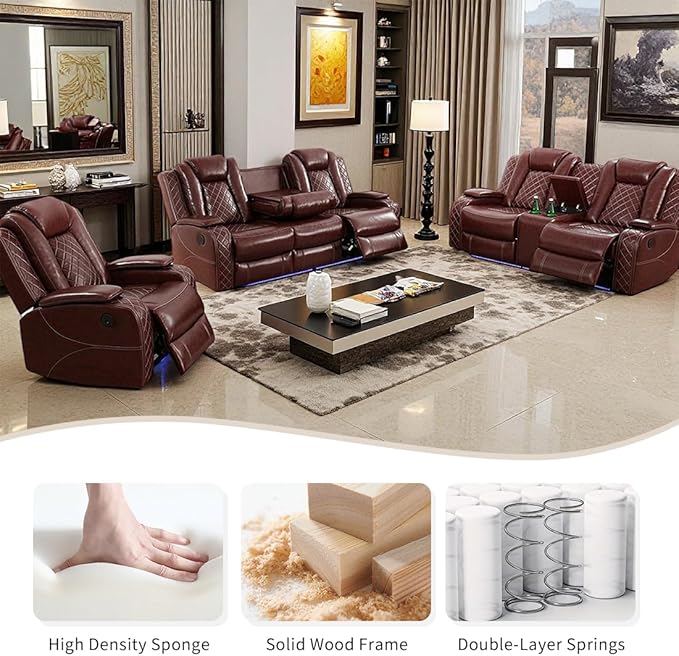 Toseslo Power Recliner Sofa Set, Brown Leather 3 Pieces Sectional Couch, Living Room Furniture Sets with LED Light, Modern Power Reclining Sets with Storage Console/Cup Holder for Living Room