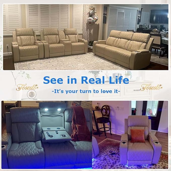 Toseslo Leather Reclining Sofa Set, Power Recliner Sofa Sectional Couches with Drop-Down Table, Living Room Furniture, Reclining Sofa with Cup Holders/Storage Console for House(Beige)