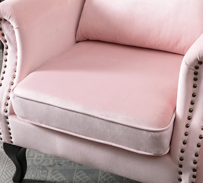 Janoray Mid Century Modern Accent Chair Upholstered Armchair Comfy Velvet Fabric Single Sofa with Tufted Wingback for Small Spaces Bedroom Living Room, Pink