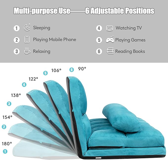 DORTALA Foldable Floor Sofa, 6-Position Adjustable Lounge Couch with 2 Pillows & Suede Cloth Cover, Modern Lounge Mattress Video Gaming Lazy Couch, Suede Floor Seating Sofa, 71" x 44.5", Blue