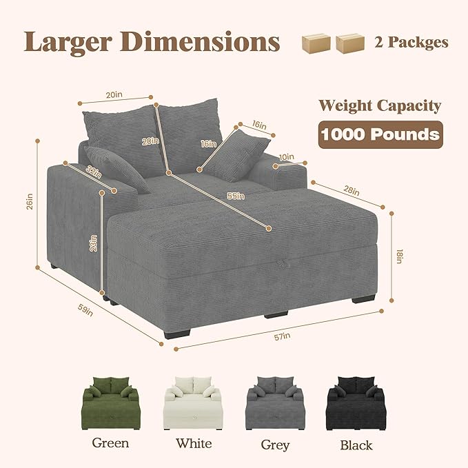 Indoor Chaise Lounge Chair with Storage Ottoman, Modern 60-Inch Lounge Sofa Chair with Wide Armrests & 4 Pillows, Oversized Comfy Reading Lounger for Living Room, Bedroom（Medium-Rib Corduroy Grey）