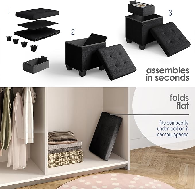 Storage Ottoman Cube with Small Bin, 16-in Square Ottoman with Storage for Living Room and Bedroom, Small Ottomans Foot Rest, Fabric Foot Stools Ottomans Max 330lbs, Black