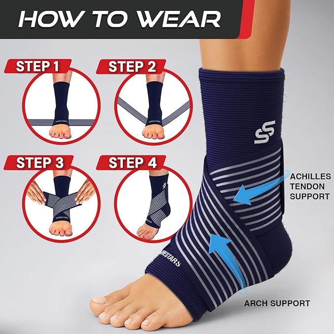 Sleeve Stars Ankle Brace for Women & Men, Ankle Wrap for Sprained Ankle, Compression Sleeve for Plantar Fasciitis Relief, Easy Customizable Support: w/Removable Strap (Pair/M:10"-12"/Navy Blue)