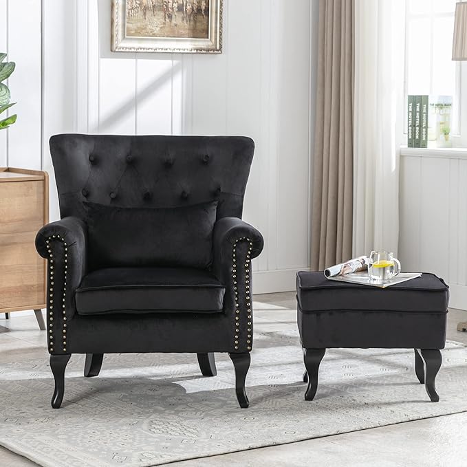 chairus Mid-Century Modern Accent Chair with Ottoman, Comfy Velvet Single Sofa Chair Button Tufted Wingback Armchair with Pillow for Living Room/Bedroom/Club - Black