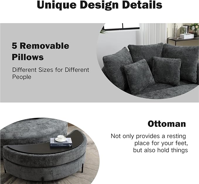 Chifee & Vingol 59.8" W Oversized Accent Barrel Chair Round Chair with Ottoman & Movable Wheels,Charcoal