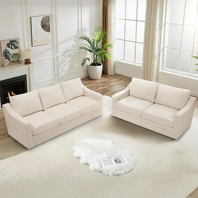 ACMEASE 2 Pieces Chenille Sofa Sets w/Comfortable Back Cushions, Upholstered Loveseat & Sofa w/Deep Seat Space, Modern 2 Seat & 3 Seats Couch Sets w/High Resiliency Foam for Living Room, Office, Beige
