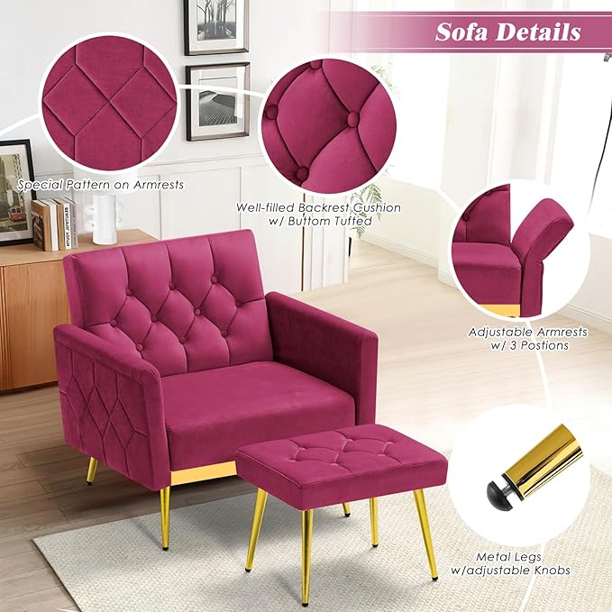 ACMEASE Velvet Accent Chair w/Adjustable Armrests and Backrests, Tufted Single Sofa with Ottoman, Upholstered Reading Chiar for Living Room, Apartment, Bedroom, Fuchsia