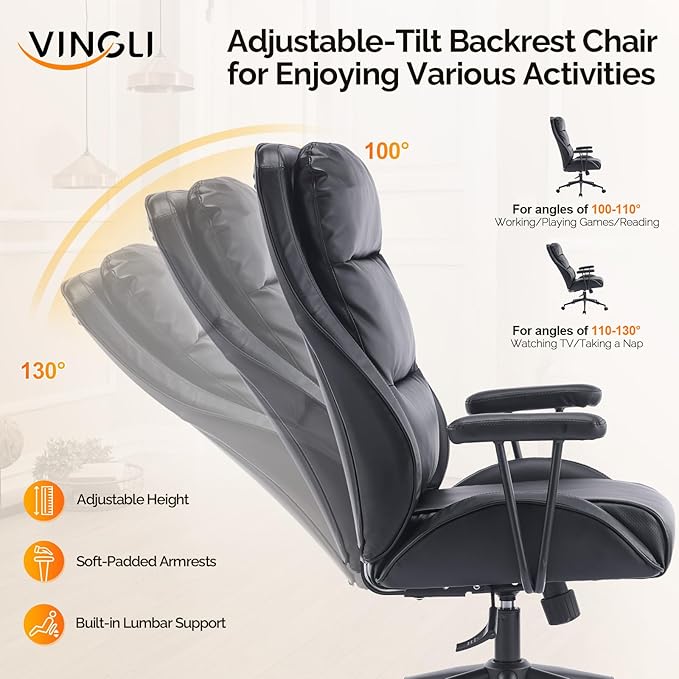 VINGLI Executive Ergonomic Office Chair with 100-130° Reclining, High-Back Desk Chair with Adjustable Base & Headrest Support & Wheels, Comfy Gaming Chair for Computer, Home Office, Pu-Leather, Black